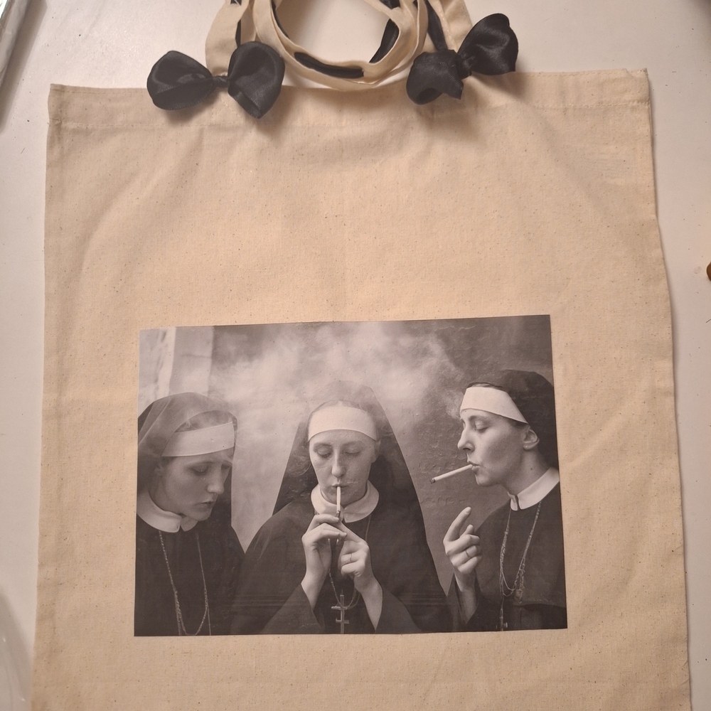 Canvas Tote Bag with Nun Print and Black Brat Bows
